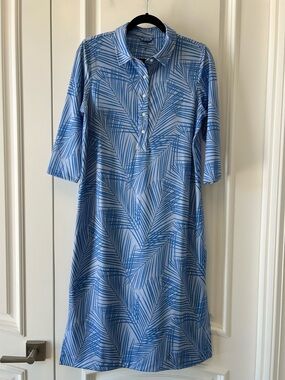 Vineyard Vines Blue & White Palm-Leaf Shirt Dress midi perf fabric